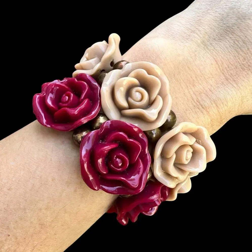 Carved Rose Bracelet Stack Flower Resin Pink Vintage Pink Red Gothic Romantic